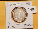 1926 Guatemala 1/4 quetzal in XF-AU condition