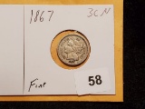 1867 Three Cent Nickel in Fine