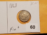 1868 Three Cent Nickel in Fine plus