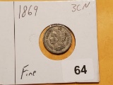 1869 Three Cent Nickel in Fine