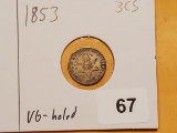 1853 Three Cent Silver in Very Good-holed