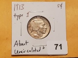 Nice Key 1913 Type 1 Buffalo Nickel in About Uncirculated +