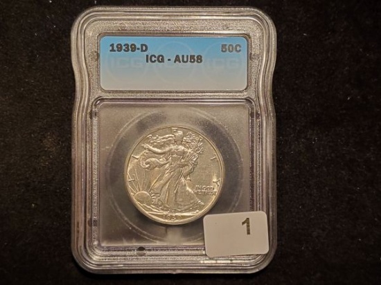 ICG 1939-D Walking Liberty Half Dollar in About Uncirculated 58