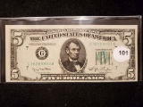Series of 1950 five dollar bank note with a cutting error