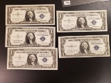 Five very crispy One Dollar Silver Certificates