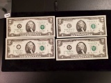 Four purty crisp unc Two Dollar Notes