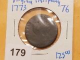 Rare! 1773 Virginia Half-Penny