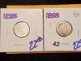 1885 and 1858 Seated Liberty Dimes