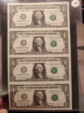 UNCUT SHEET OF 4-SERIES OF 2009 ONE DOLLAR BANK NOTES