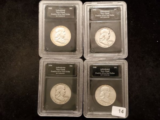 Four slabbed Denver Mint Franklin Half Dollars