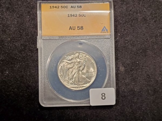 ANACS 1942 Walking Liberty half Dollar in About Uncirculated 58
