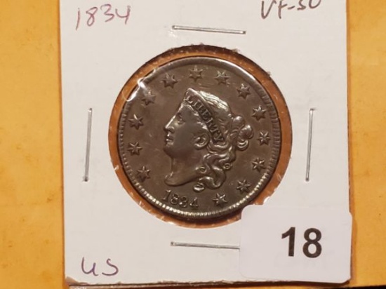 Purty 1834 Coronet Head Large Cent in Very Fine 30