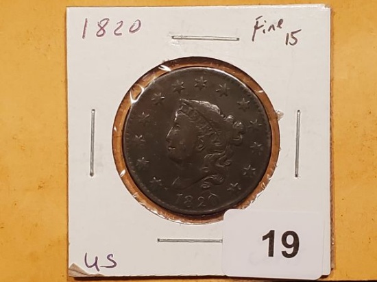 1820 Coronet Head Large Cent in Fine 15