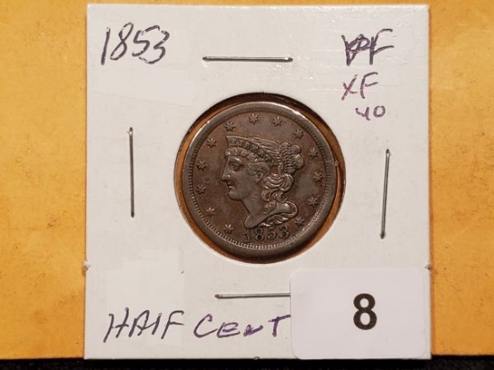 Purty 1853 Braided Hair Half-Cent in Extra Fine 40