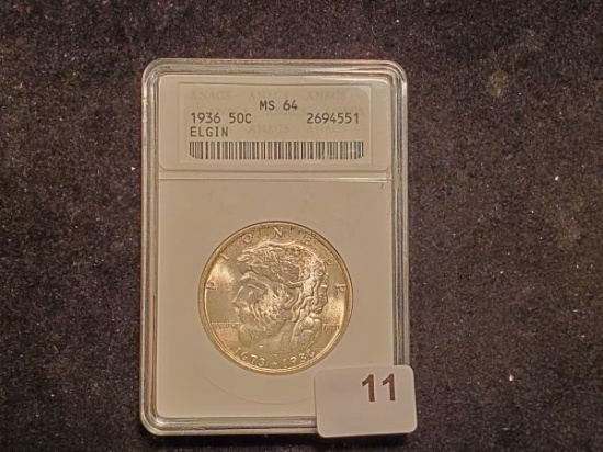 ANACS 1936 Elgin Silver Commemorative Half Dollar in MS-64