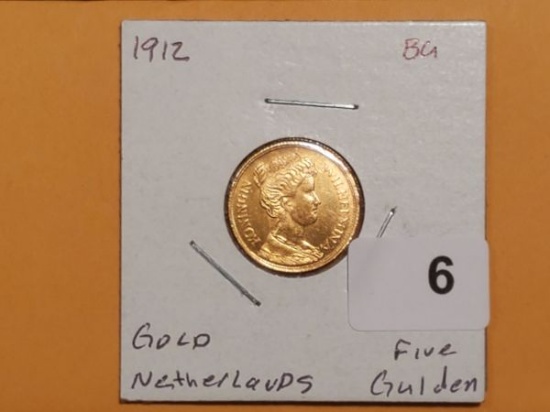 GOLD! Nice, Brilliant Uncirculated 1912 Netherlands 5 gulden