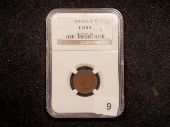 NGC Semi-Key 1873 Open 3 Indian cent in Fine-15