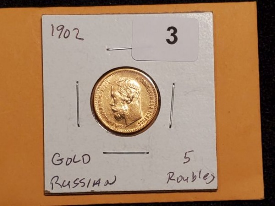 GOLD! Choice Brilliant Uncirculated 1902 Russian 5 roubles