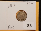 1867 Three Cent Nickel in Fine