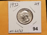 First Year Issue 1932 Washington Quarter in MS-62/63