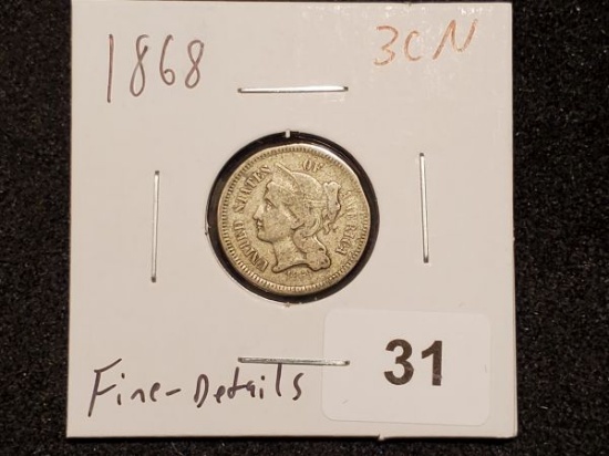 1868 Three Cent Nickel in Fine - details