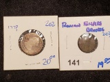 Silver Mexican reales holed and Roman Bronze coin