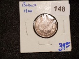 BOLIVIA SILVER 1900 20 CENTS COIN