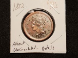 1852 Braided Hair Large Cent in About Uncirculated details