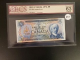 BANK OF CANADA SERIES OF 1972 $5 BANK NOTE GRADED MS 63