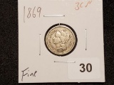 1869 Three Cent Nickel in Fine