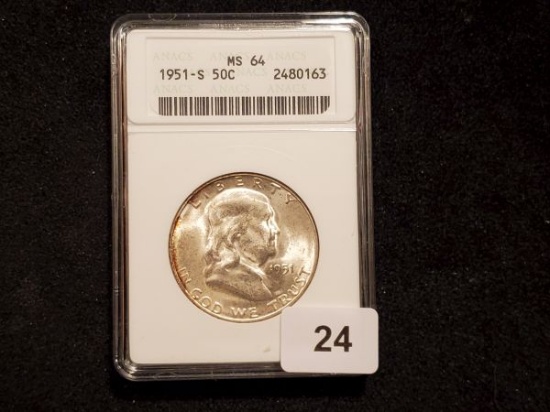 ANACS 1951-S Franklin Half Dollar in MS-64