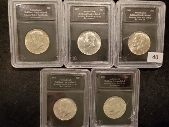 Five SILVER Brilliant Uncirculated slabbed Kennedy Half Dollars