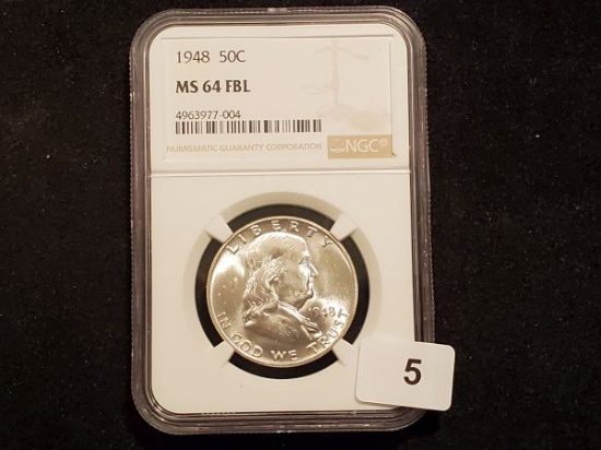 KEY NGC 1948 Franklin Half Dollar in MS-64 with FULL BELL LINES