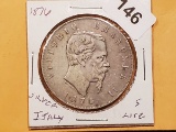 1876 Silver Italy 5 lire