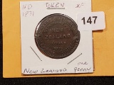 **SCARCE New Zealand 1871 One penny Token