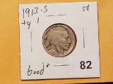 Key 1913-S Type 1 Buffalo Nickel in Good plus condition