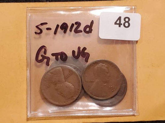 Group of Five 1912-D Wheat cents in Good to Very good