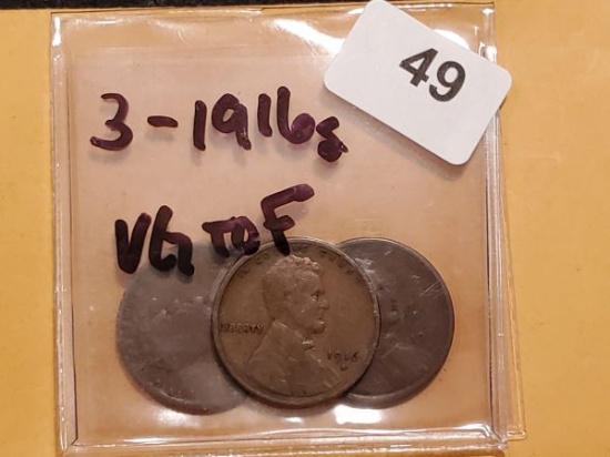 Three 1916-S Wheat cents in Very Good to Fine