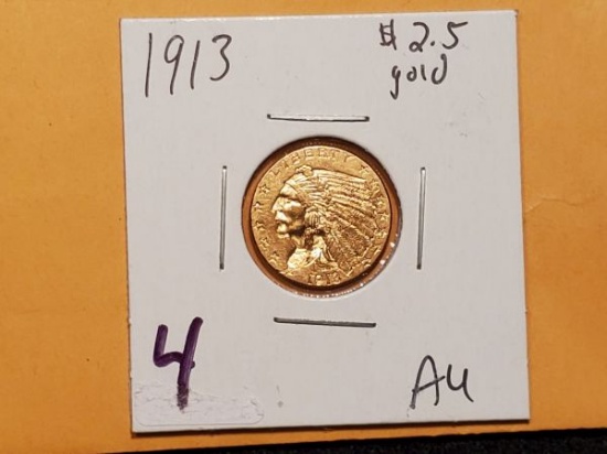 GOLD! 1913 gold $2.5 Quarter Eagle Indian AU-58
