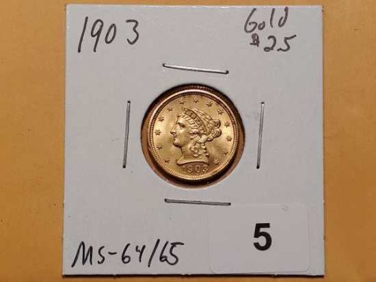 GOLD! Near Gem 1903 Gold $2.5 Quarter Eagle Liberty Head MS-64/65