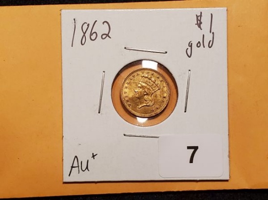 GOLD! 1862 $1 gold dollar in About Uncirculated