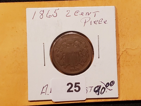 1865 Two-cent piece in Fine plus