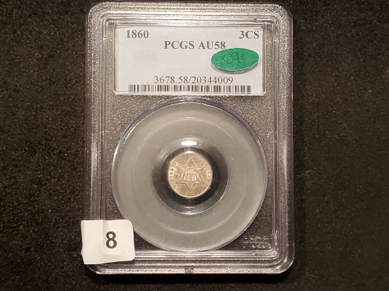 PCGS 1860 Three Cent Silver About Uncirculated 58 CAC