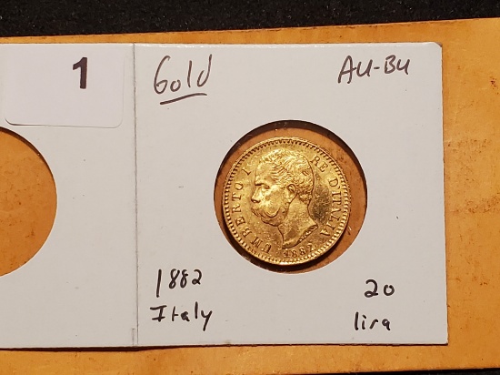 GOLD! Purty 1882 Italy 20 lira AU-BU