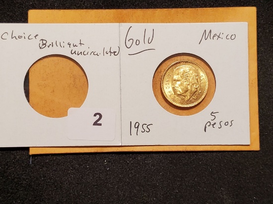 GOLD! Choice Brilliant Uncirculated 1955 Mexico 5 pesos