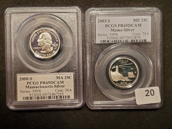 Two Silver PCGS-slabbed Proof 69 Deep Cameo Statehood Quarters