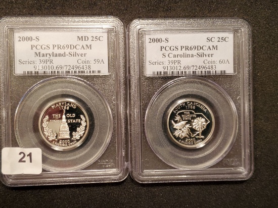 Two Silver PCGS-slabbed Proof 69 Deep Cameo Statehood Quarters