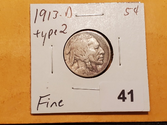 KEY DATE 1913-D Type 2 Buffalo Nickel Fine
