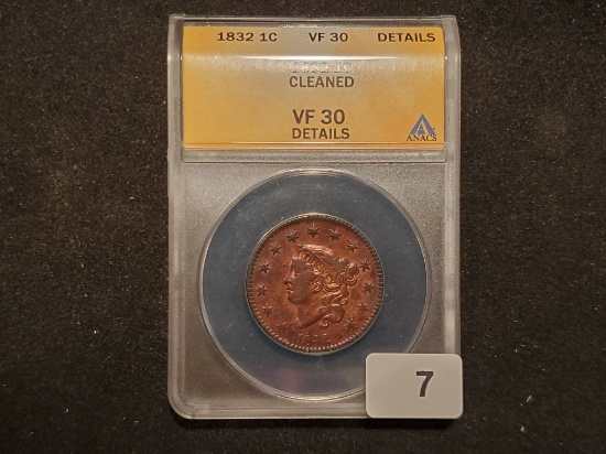 ANACS  1832 Coronet Head Large Cent Medium Letters Very Fine 30 cleaned