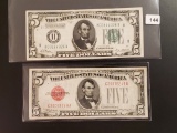 Two very lightly circulated Five Dollar notes